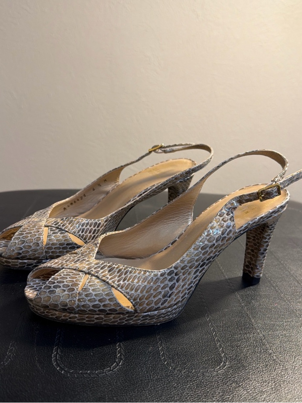 Slingback Peep-Toe Heels in Beige Snake Print